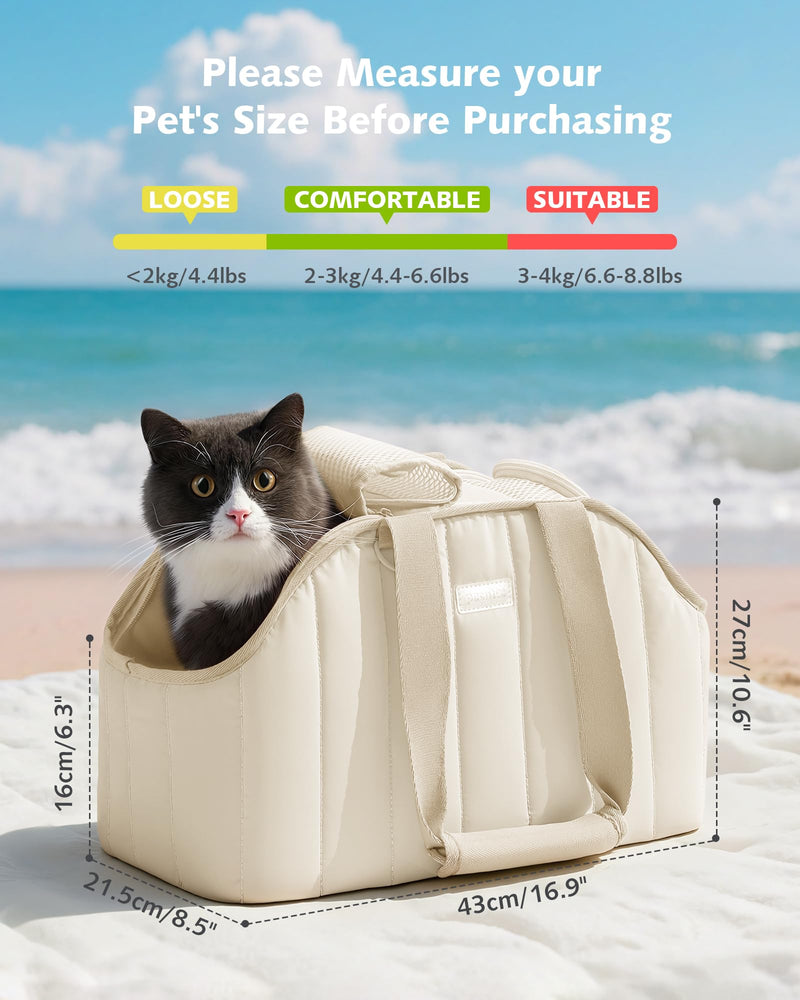 Pecute Cat Purse Carrier, Lightweight Cat Carriers for Small Cats with Large Pockets, Cat Soft-Sided Carriers up to 6.6lbs, Pet Carrier for Kitten, Suitable for Travel, Subway, Cream 16.9"L x 8.5"W x 10.6"H
