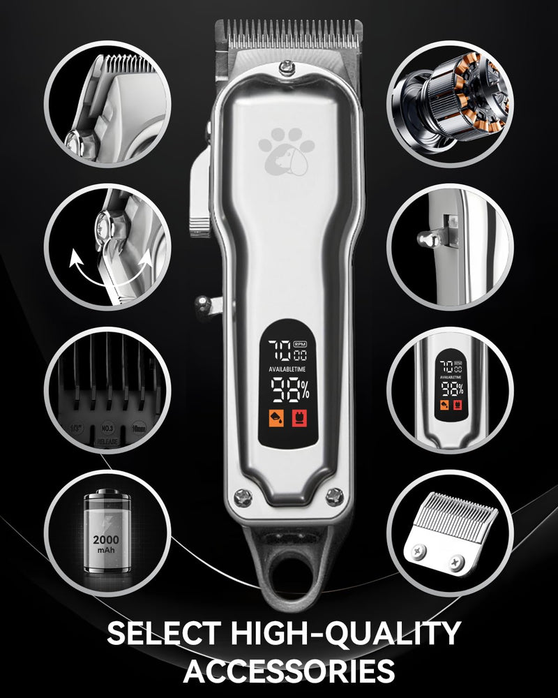 Dog Grooming Clippers Professional for Thick Hair, Full Metal Body Black Ceramic Blade LED Display Low Noise Rechargeable Cordless Dog Grooming Kit