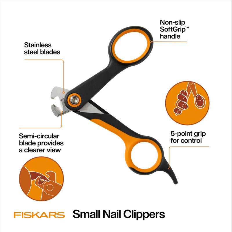 Fiskars Pet Small Pet Nail Clippers, Cat and Dog Nail Trimmers for Grooming, Pet Supplies with Precision Stainless Steel Blades & SoftGrip Handle, 4.25”, Orange/Black S - PawsPlanet Australia