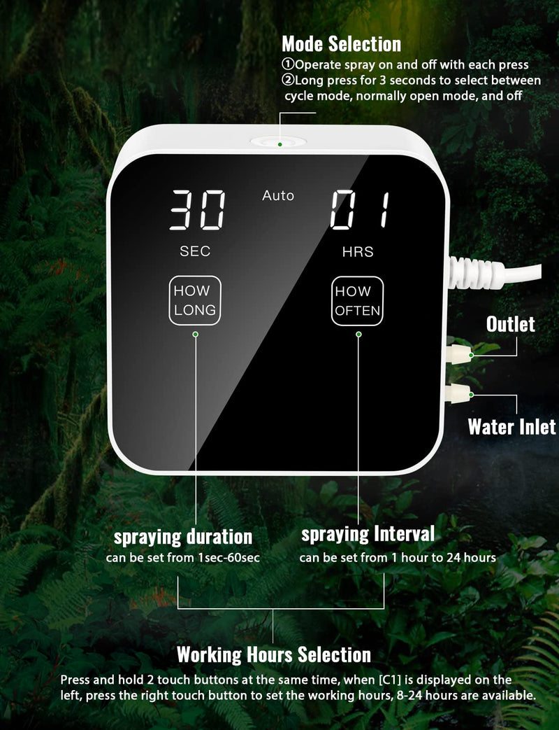 Reptile Mister Automatic, Quiet Reptile Misting System with Timer, Reptile Fogger Humidifiers with Fine Water Mist Nozzles, Terrarium Mister Humidifiers with Water Shortage Protection 2nd Gen Touch Version - PawsPlanet Australia
