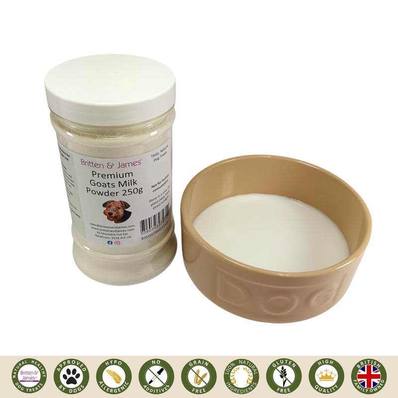100% Natural Whole Goats Milk Powder for Dogs by Britten and James. Nutrient-Rich Boost, Improves Dogs' Hydration, Appetite, Gut Health & Immunity. High Calcium & Vitamins. For All Ages (250g) 250g