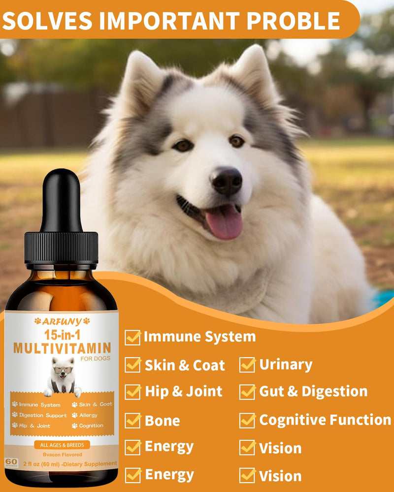 15 in 1 Multivitamin for Dogs | 60ML Dog Multivitamin Liquid Support Joint, Gut & Immune Health | Dog Liquid Vitamins for Digestion, Heart, Skin & Coat | Vitamin Supplements for Dogs | Bacon Flavor - PawsPlanet Australia