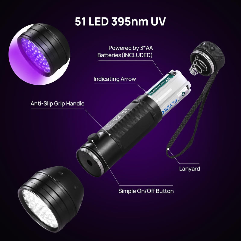 UV Flashlight Black Light, Consciot 51 LED 395nm Ultraviolet Blacklight, Portable Torch Light Pet Urine Detector for Dog/Cat Urine, Dry Stains, Bed Bug, Resin Curing, Matching with Pet Odor Eliminator 1 Pack - PawsPlanet Australia