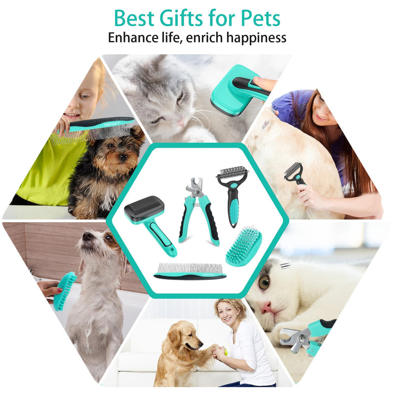5 PCS Self Cleaning Slicker Brush & Pet Grooming Rake & Bath Brush & Nail Clippers & Pet Comb for Dogs and Cats,Professional Deshedding Dematting Tool for Long and Short Haired Pets Green-5pc - PawsPlanet Australia