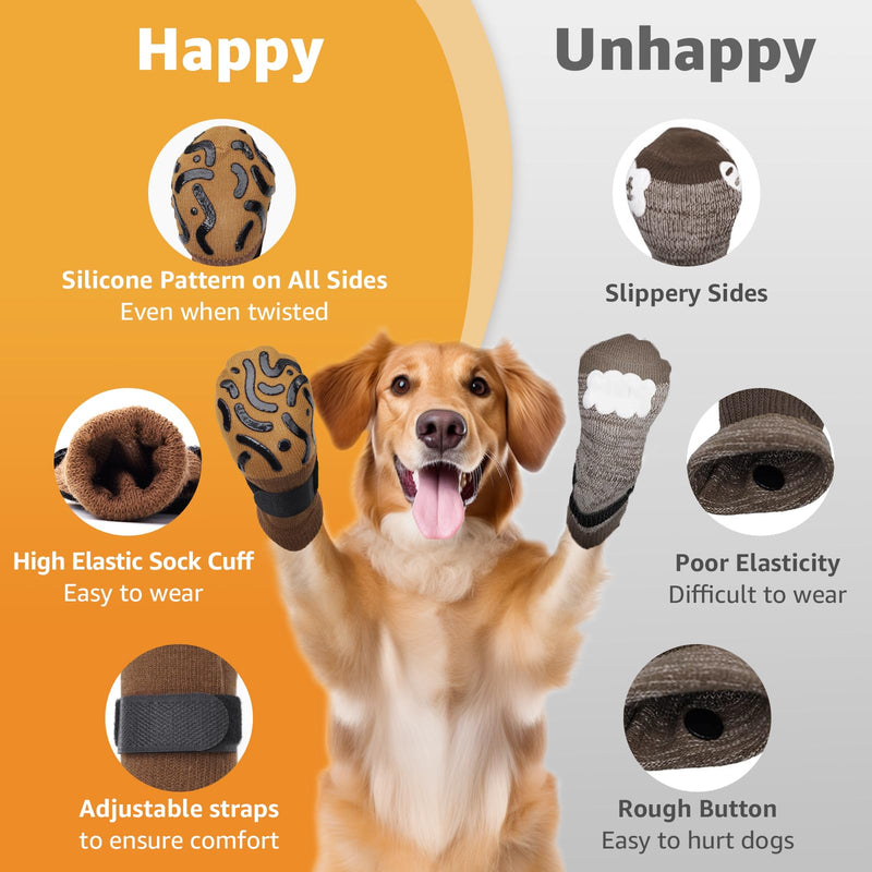 Double Sides Non-Slip Dog Socks to Prevent Licking Paws - Strong Traction for Paw Protector, Senior Dogs, Hardwood Floors, Dog Booties with Grippers - Size Large Caramel Large(Pack of 4) - PawsPlanet Australia