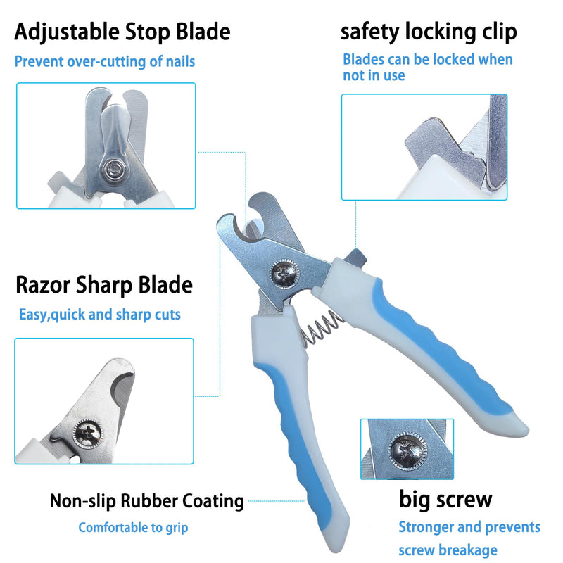 5Pcs Dogs and Cats Grooming Nail Clippers Kit Pet Claws Nail Clipper Trimmers, with Protective Guard Lock to Avoid Over Cutting, Professional Trimmers for Large and Small Cat and Dog (Blue) Blue - PawsPlanet Australia