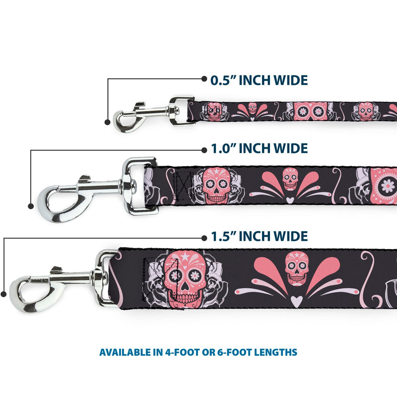 Buckle-Down Pet Leash - Sugar Skulls Gray/Pink - 6 Feet Long - 1.5" Wide - PawsPlanet Australia