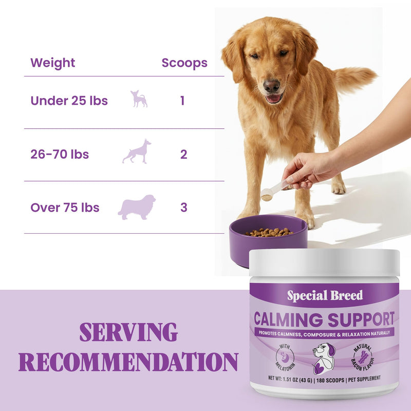 Calming Supplement for Dogs with Melatonin – Dog Calming Powder with Chamomile & Valerian Root – Supports Relaxation & Composure for Travel, Fireworks & Vet Visits - Bacon Flavor - 180 Scoops