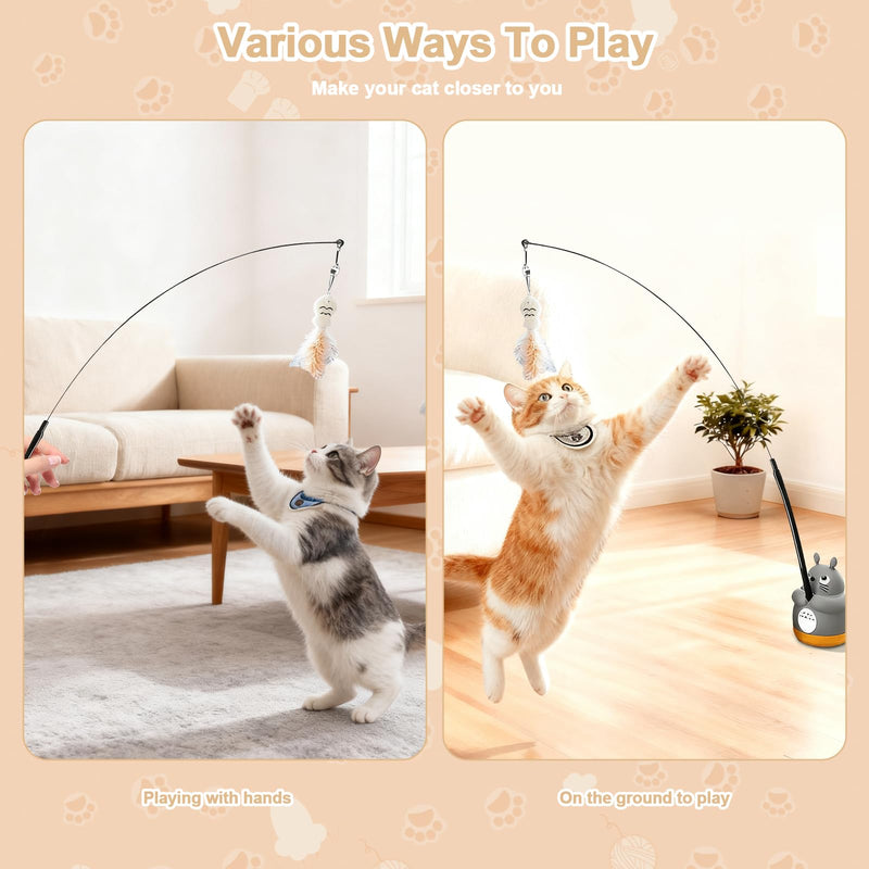 360° Rotatable Interactive Cat Toy, Automatic Cat Wand Toy with Peel-and-Stick Base, Moving Feather, Fish and Bell, Detachable Cat Teaser, Two Model, Cat Toys for Indoor Cats, Kitten and Adult Cats - PawsPlanet Australia