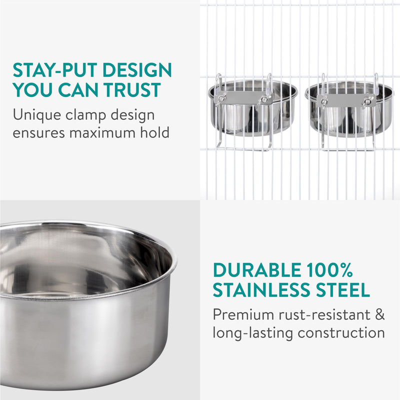 Navaris Cage Hanging Stainless Steel 5.5" (14cm) Bowl Set of 2 - Durable & Rust Resistant - Clip On Pet Crate Food & Water Dish - No Spill Metal Dog Bowls - for Puppy Cats and More 2x 14cm metallic silver - PawsPlanet Australia