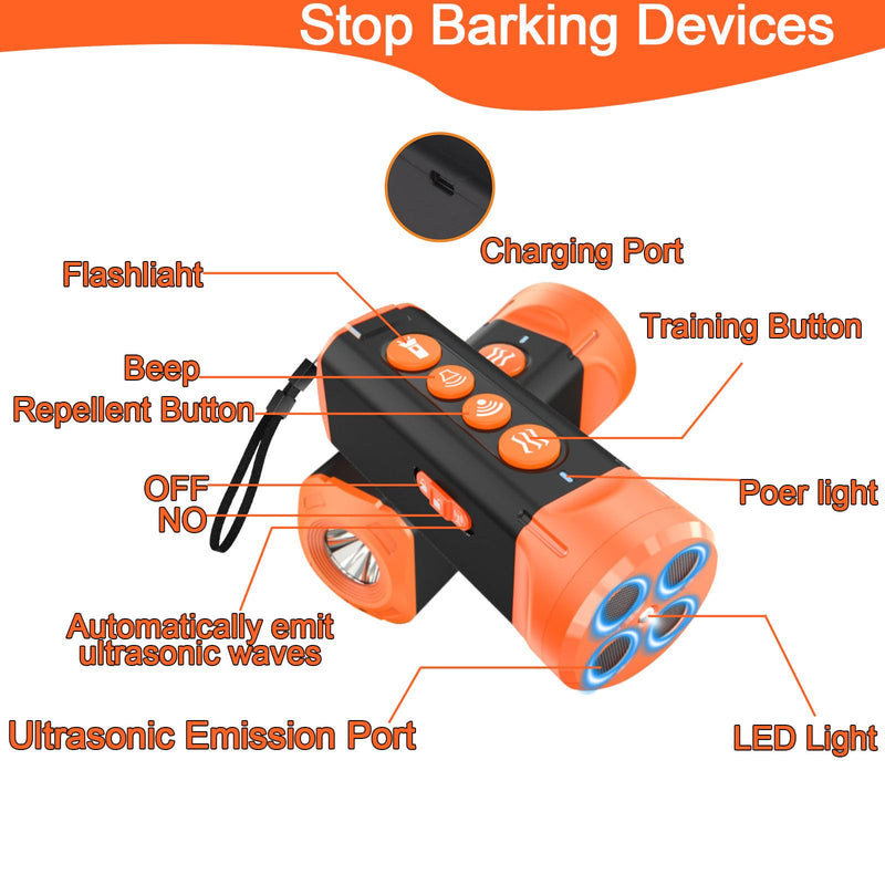 Anti Barking Device for Dogs,Rechargeable Dog Bark Deterrent Device,Barks No More Dog Training Device in 35 FT Indoor Outdoor,Barking Silencer with 4 Ultrasonic Emission Ports and Flashlight - PawsPlanet Australia