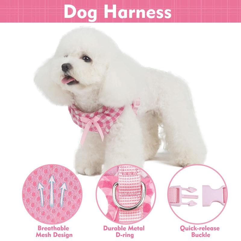 EXPAWLORER Cute Dog Harness Collar Leash Set - Pink Girl Dog Harness Checkered Step-in Design, Detachable Bow Pet Collar, Adjustable No-Choke Lightweight Mesh Vest for Cats Puppy Small Dogs, S Pink (with Collar) - PawsPlanet Australia
