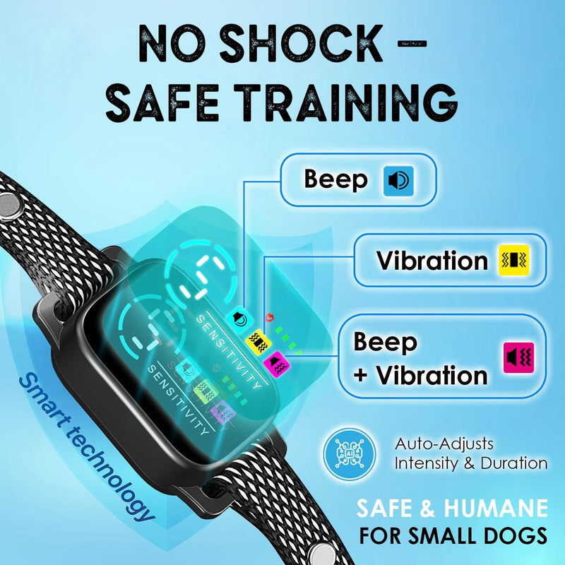 Bark Collar for Small Dogs 5-15 lbs – No Shock Anti Barking Collar with AI Chip – 3 Modes & 5 Sensitivity Levels – Waterproof, Rechargeable, Magnetic Charging – Humane, Effective Training (Black) Black - PawsPlanet Australia