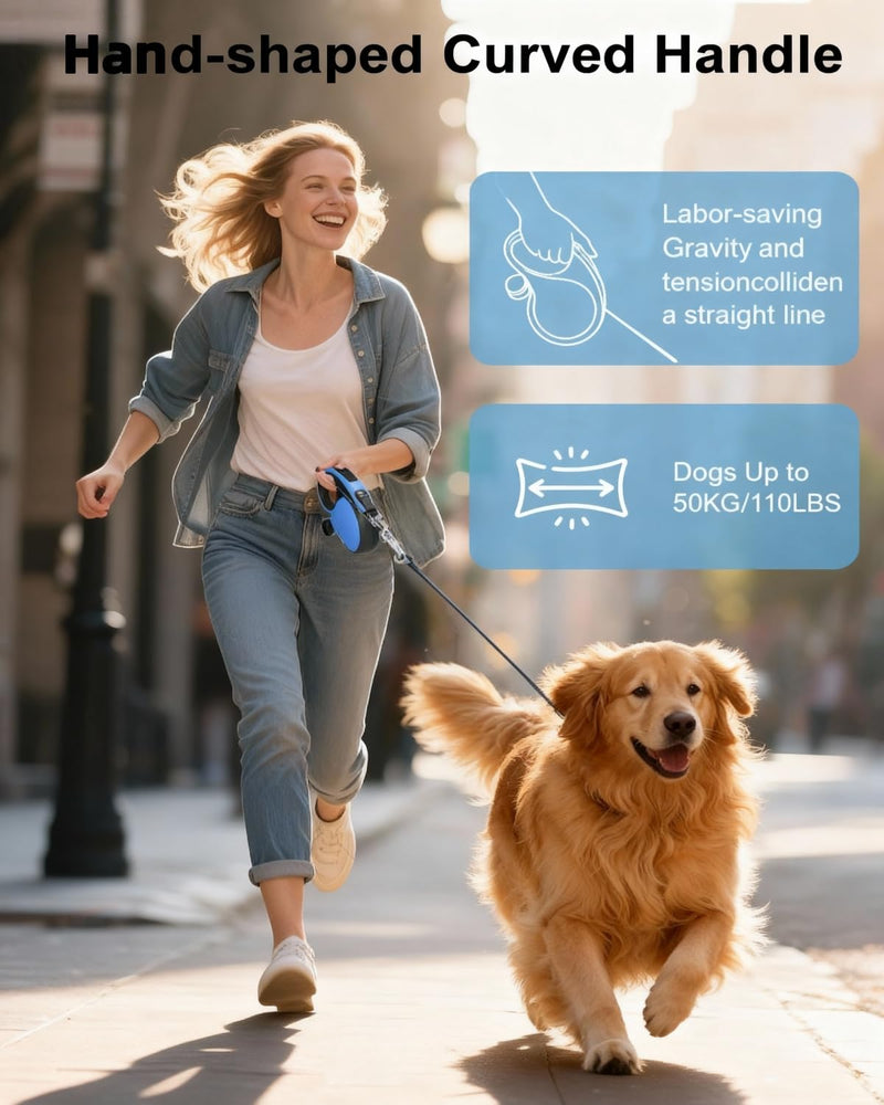 26FT Heavy Duty Retractable Dog Leash for Large Dogs Up to 110lbs,Chew Proof Nylon,360° Tangle-Free,One-Hand Brake Lock,Anti-Slip Grip,Extendable Leash with Poop Bag Holder (Blue) Blue Large - 26 ft