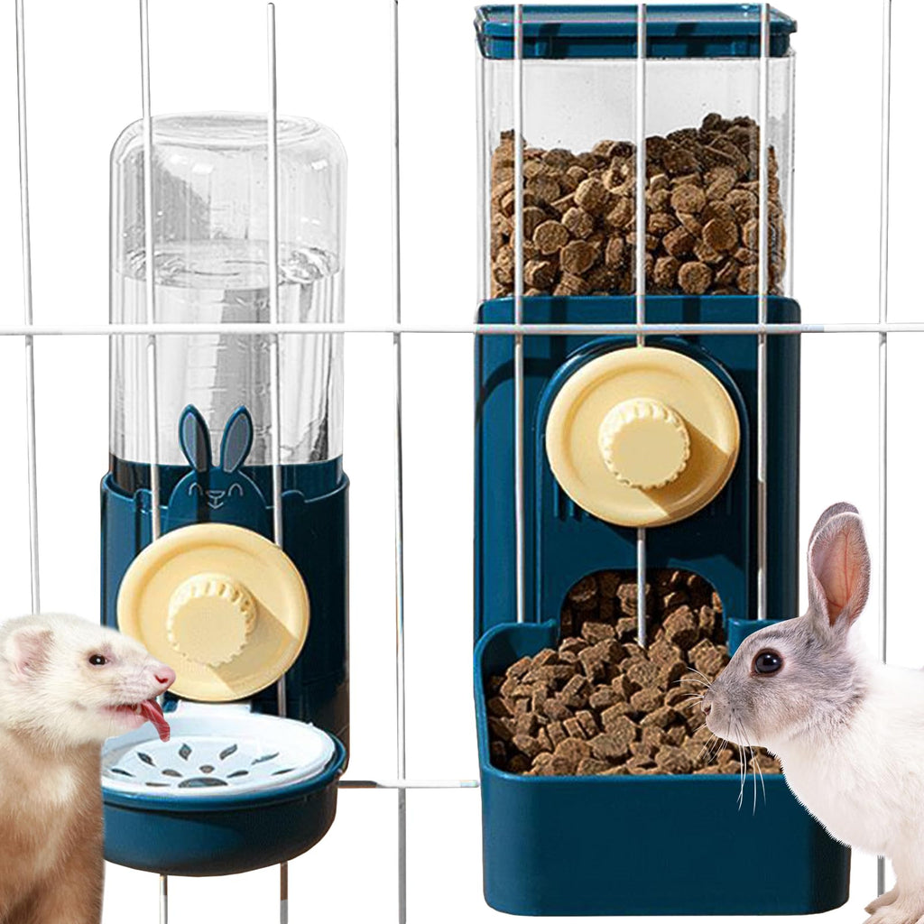 kathson Hanging Automatic Rabbit Pet Food and Water Dispenser, Auto Gravity Bunny Feeders for Cages, Detachable Self-Feeding Feeder and Waterer Set for Ferrets Chinchilla Hedgehog (Dark Blue) Dark Blue