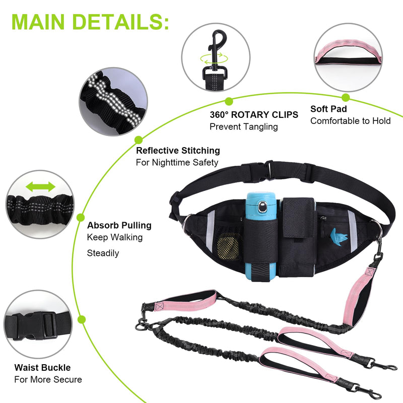 Hands Free Dog Leash with Adjustable Waist Belt, Double Waist Leash for Two Dog Walking Training Jogging, Double-Leashes for Two Large Dogs, Dual Padded Handles Pet Running-Leashes Hands Free(Pink) Pink For 2 Dog - PawsPlanet Australia