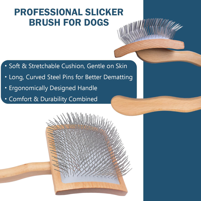 Slicker Brush for Dogs, Professional Dog Grooming Brush for Golden Doodle & Poodle - Deshedding Dog Brush for Medium or Long Haired Dogs, Remove Tangles, Knots and Mats (4PCS, Wooden, Large) - PawsPlanet Australia