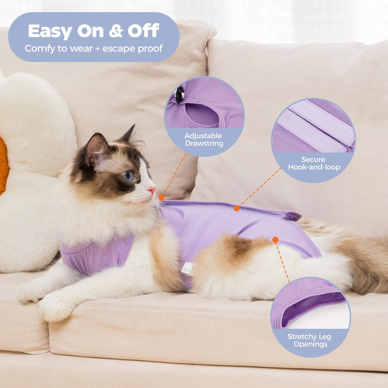 Avont Cat Recovery Suit Bundle with Adjustable Cat Recovery Collar for Post-Surgery Recovery, Purple(M)
