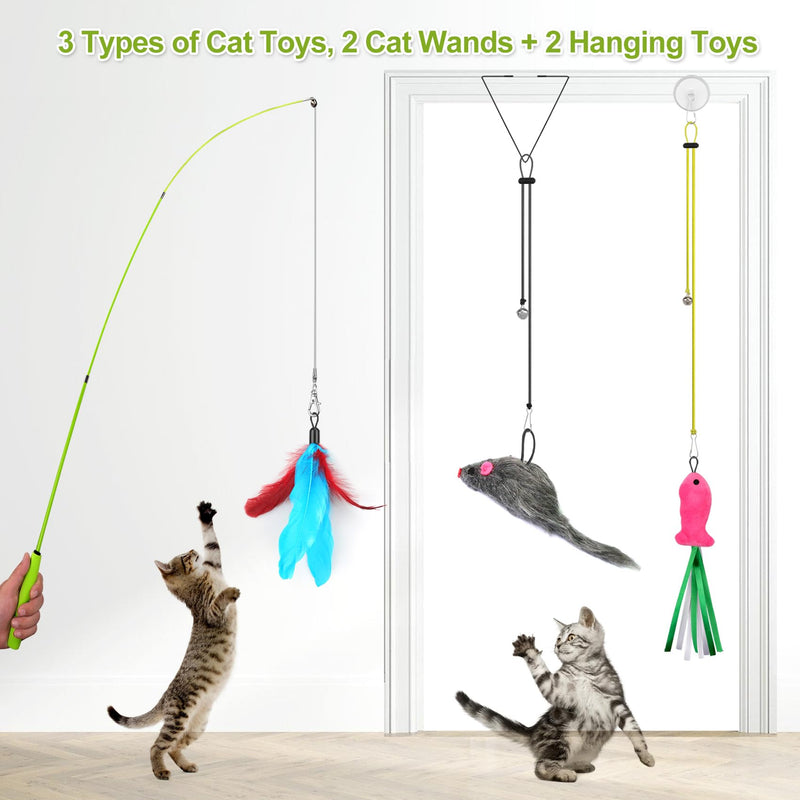 Cat Toys Interactive for Indoor Cats, 2 Retractable Cat Wand Toys, 2 Hanging Door Cat Toy with Mouse Fish, 5 Teaser Toys, Cat Feather Toys for Bored Indoor Adult Cats Kitten Stimulation Exercise Toys 2 Cat Wand + 2 Hanging Toys - PawsPlanet Australia