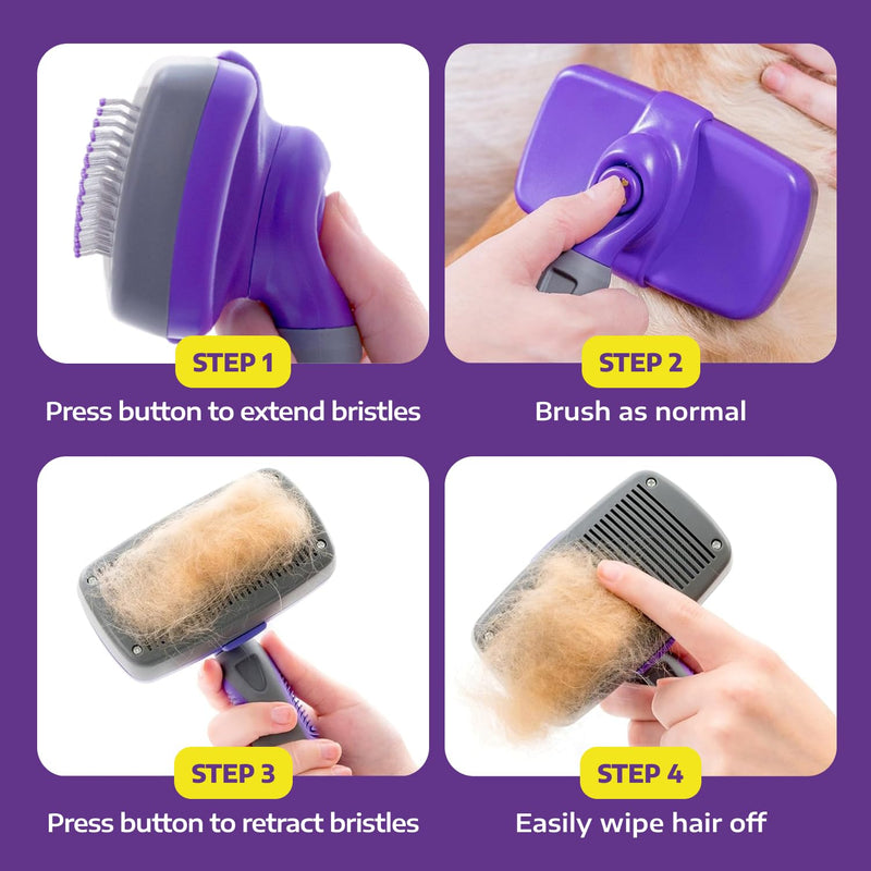 Hertzko Self-Cleaning Slicker Brush - Cat and Dog Brush for Shedding, Tangles and Dirt - Gentle Grooming Tool for Sensitive Skin - Pet Hair Remover for Long and Short Coats - Purple Large - PawsPlanet Australia
