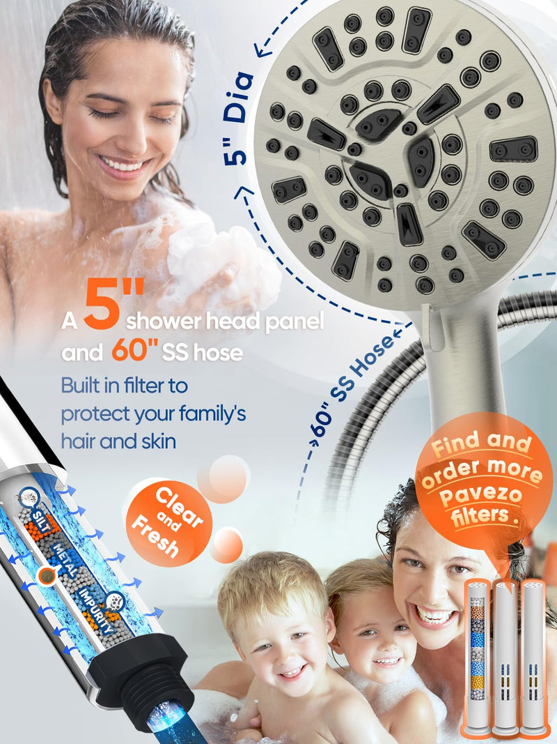 Pavezo® High Pressure Shower Head Handheld 5" Large, 10-mode Portable Detachable Shower Head with Hard Water Filter, Extra Long 60" SS Hose, Anti-clog & Powerful to Clean Tile & Pets, Brushed Nickel O Brushed Nickel - PawsPlanet Australia