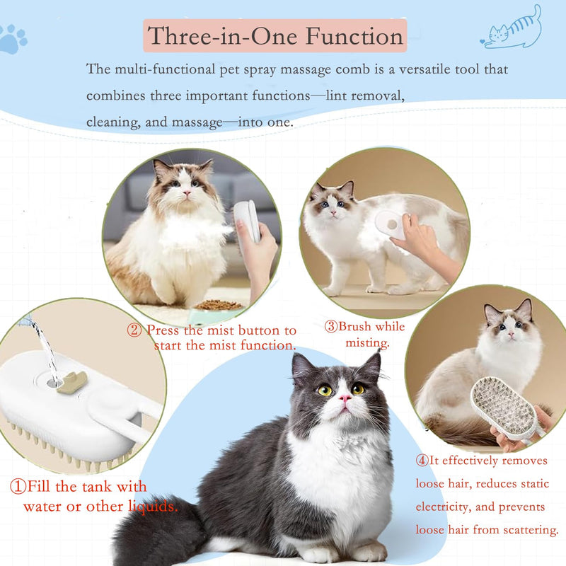 Cleaning Brush 3-in-1 for Cats&dogs,Steam Cat Brush,Massage Brush,Pet Spray Brush,Pet Grooming Brush,Pet Brush 360°Rotatable,USB Rechargeable,Use for Short-Haired,Long-Haired,Small Breeds(White) - PawsPlanet Australia