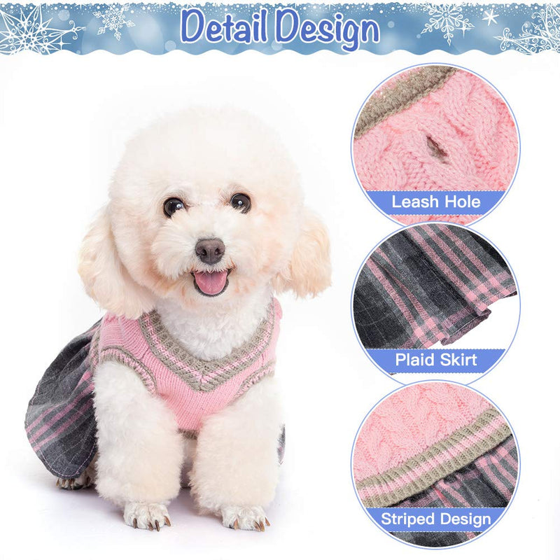 BINGPET Dog Sweater Dress - Plaid Pattern - Warm Pullover with Leash Hole V-Neck Knitwear Pet Sweater Cat Knitted Dress One-Piece Dress for Small to Medium Dog and Cat Pink - PawsPlanet Australia