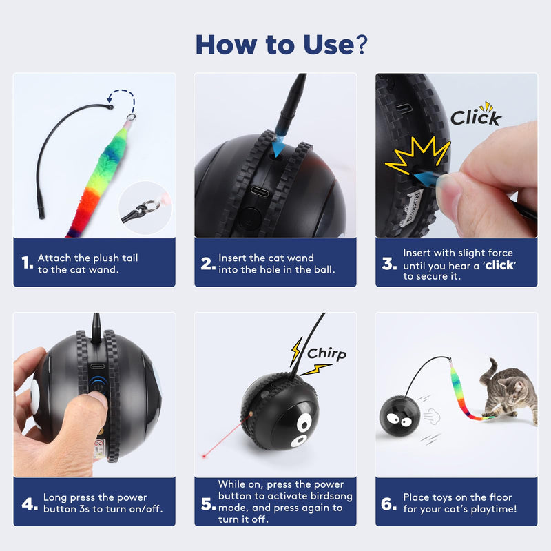Cat Toys for Indoor Cats, Innovative Interactive Cat Toy Ball with Bird Chirping, USB Rechargeable Automatic Exercise Rolling Cat Toy for Bored Indoor Adult Cats Kittens, Black - PawsPlanet Australia