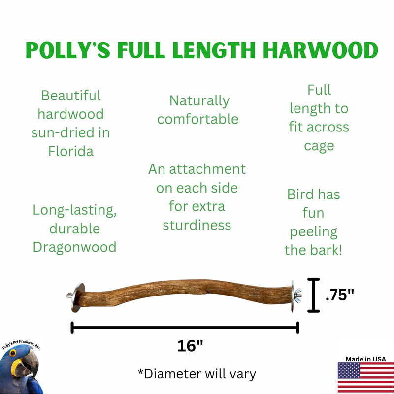 Polly's Full Length Hardwood Bird Perch, 16-Inch, Natural Brown 16" - PawsPlanet Australia