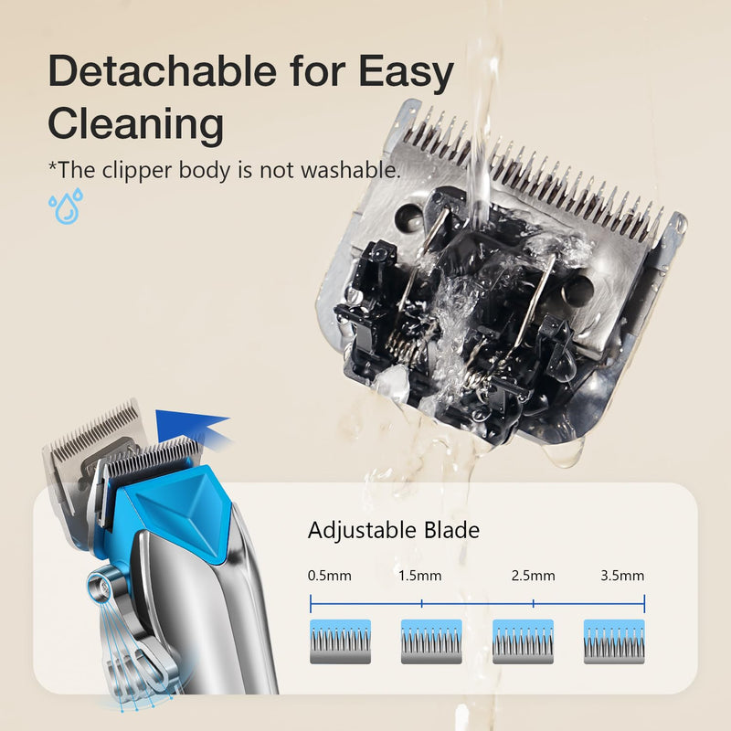 Dog Clippers for Grooming with Detachable Blade for Thick Coats, Cordless Rechargeable Low Noise Professional Pet Grooming Hair Trimmer Shaver Kit with 8 Guide Combs for Dogs Cats Animals Silver&blue - PawsPlanet Australia