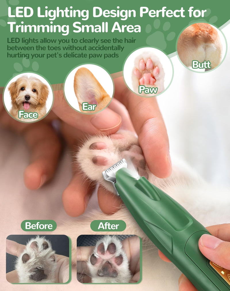 LEYOUFU Dog Paw Trimmer with LED Light, 2 Speed Dog Clippers for Grooming Small Dogs, Rechargeable Low Noise Pet Shaver for Trimming Dogs Cats Hair Around Paws, Eyes, Ears, Face, Rump Green - PawsPlanet Australia