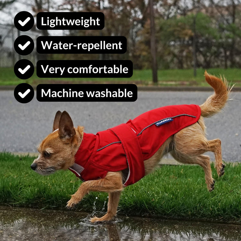 DJANGO Dog Jacket & Raincoat – Lightweight Water-Resistant Coat for Small, Medium & Long Dogs Like Dachshunds – Reflective, Adjustable Fit, Harness-Compatible & Easy-Access Harness Hole - Red, Large Cherry Red - PawsPlanet Australia