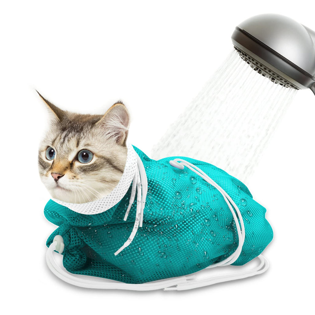 Cat Bathing Bag, Breathable Mesh Cat Shower Bag Anti Scratch Adjustable Cat Grooming Bag for Nail Trimming, Bathing Polyester Soft Cat Washing Bag (White-Green) White-Green