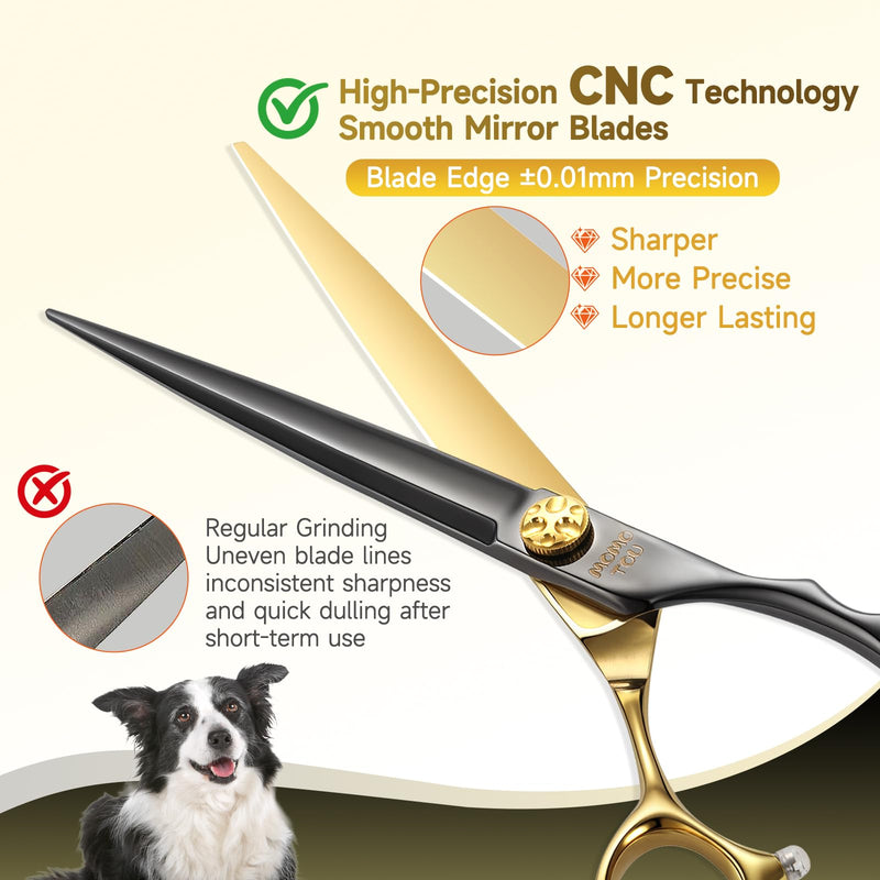 7'' Straight Dog Grooming Scissors CNC 440C Blades Sharp and Durable Dog Shears Black and Gold Pet Scissors Smooth Cutting Easy to Use for Professional Groomer - PawsPlanet Australia