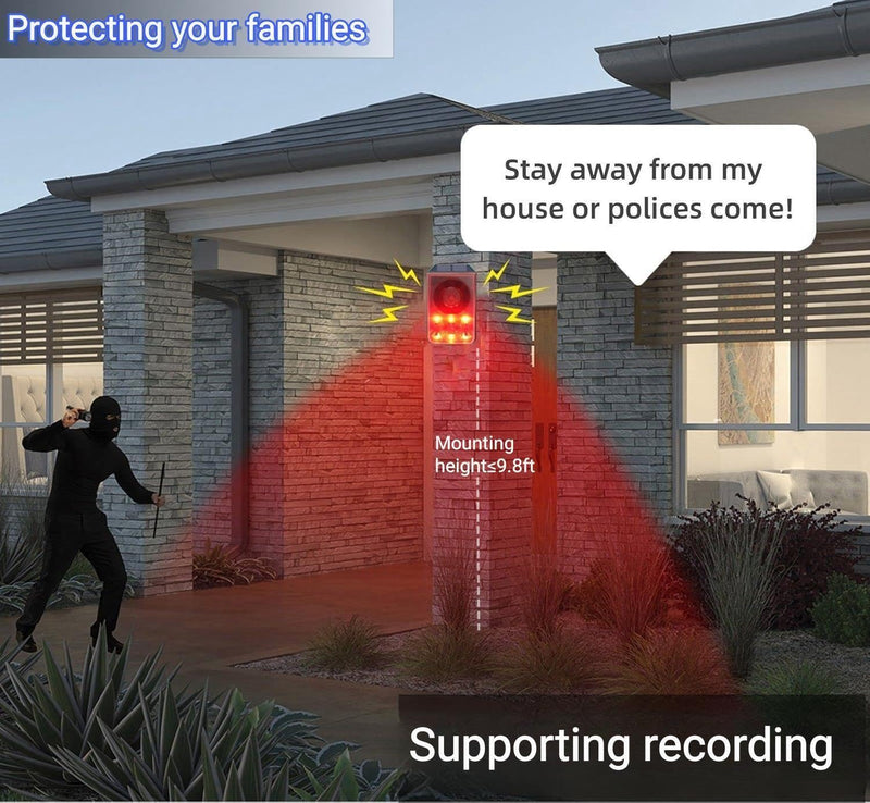 HULPPRE Solar Outdoor Motion Sensor Alarm-Dog Barking or Gunshot Sound,Support Recording&±Volume,130db Loud Noise Maker,3 Work Modes Strobe Light with USB,Say Goodbye to The Intruders 1pack - PawsPlanet Australia