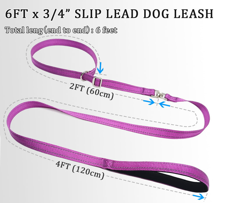 Slip Leash Dog Training Lead, Reflective Tangle-Free Adjustable No Pull Control Leash, 6 FT 3/4" Flat Wide Nylon with Padded Handle for Small Medium Dogs, Purple 3/4" x 6ft - PawsPlanet Australia