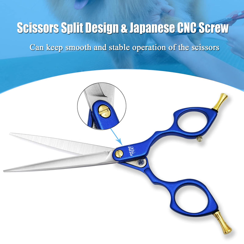6.5'' Small Blue Straight Dog Grooming Scissors Professional Trimming Shears with Ultra-Lightweight Offset Handle 440C Stainless Steel Pet Scissors for Face and Paws - PawsPlanet Australia