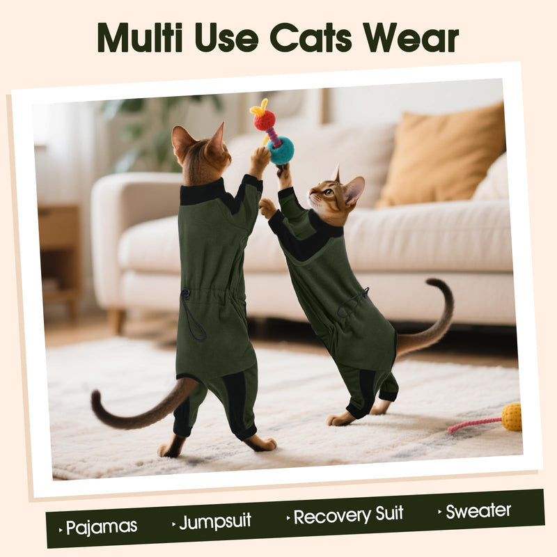 DENTRUN Cat Clothes with Anti-Shedding Fabric - Soft Recovery Suit & Breathable Lint-Resistant Cat Sweater for Wound Care & Hair Control, Kitten Onesie Pajamas, XXL, Army Green XX-Large - PawsPlanet Australia