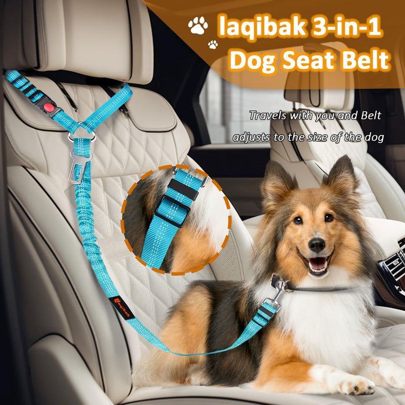 Removable Dog Seat Belt Harness for Car, 3 in 1 Pet Dog Car Seatbelt Leash, Retractable Restraint Secures to Vehicle Headrest & Adjustable Reflective Bungee Dog Seatbelt Tether with Poop Bag Holder Black+Blue - PawsPlanet Australia