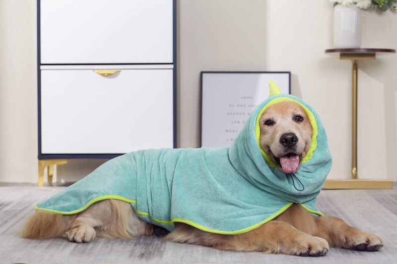Pawyee Super Soft Fast-Drying Dog Towel Set for Cold Weather, Beach, Pool - Adjustable Microfiber Bath Robe with Drying Gloves for Cats and Dogs (L, Blue Dino) Large