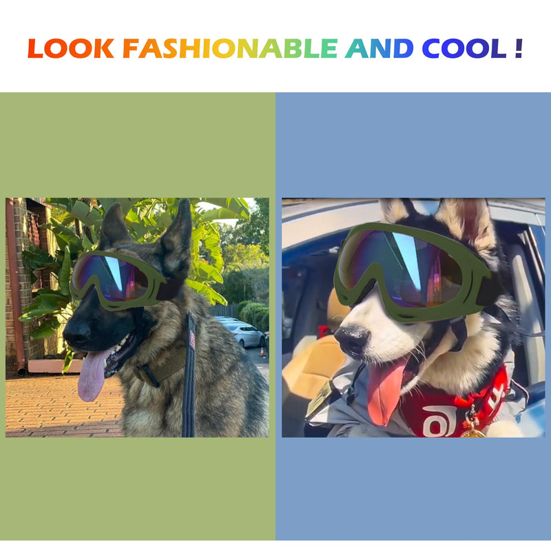 Large Dog Sunglasses, Dog Goggles with Adjustable Strap UV Protection Winproof Dog Puppy Sunglasses, Suitable for Medium-Large Dog Pet Glasses, Dogs Eyes Protection Army Green Frame&Colorful Lens&L - PawsPlanet Australia