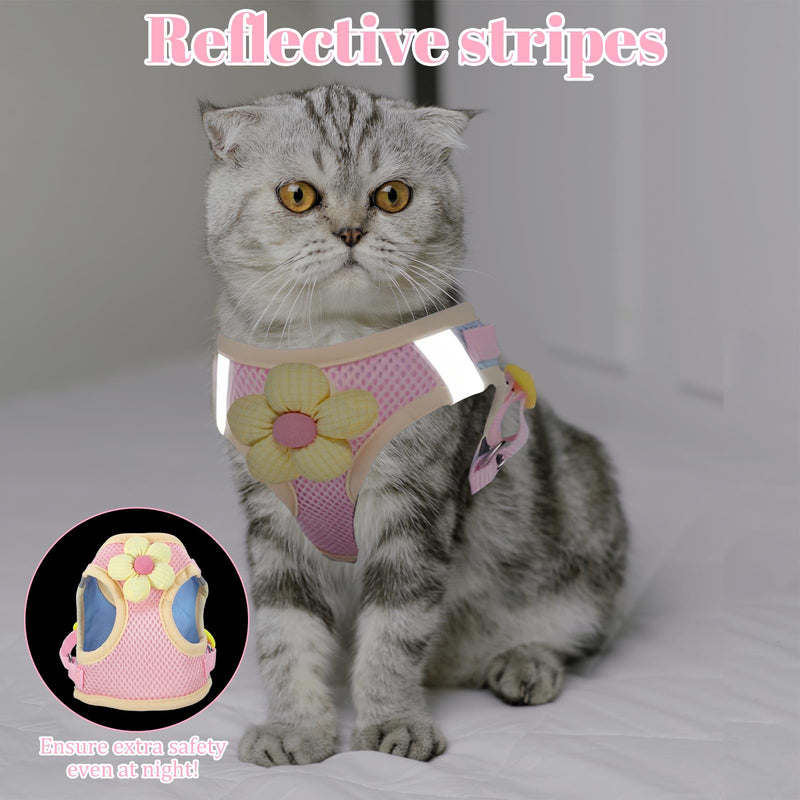 Cat Harness and Leash Set - Escape Proof Soft Adjustable Vest Harnesses for Small Cats, Kitten Harness with Reflective Strips, Pink Flower Design - PawsPlanet Australia