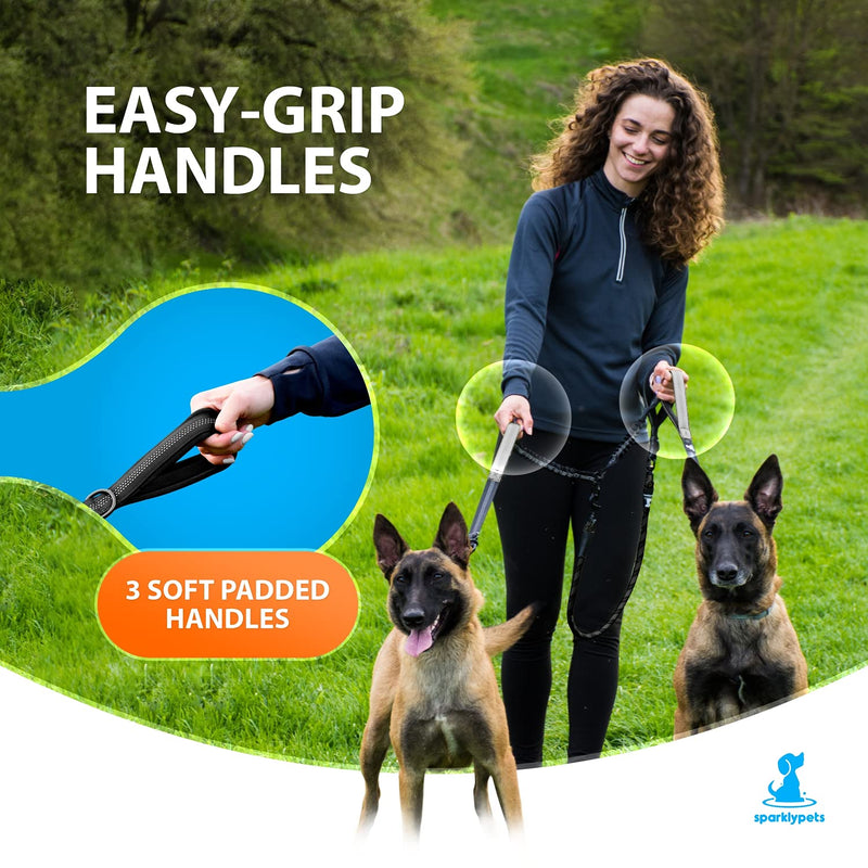 SparklyPets Double Dog Leash for 2 Dogs – Rope Bungee Dual Leash for Medium and Large Breeds with Padded Handles & Tangle Free (Black, Medium/Large) Black