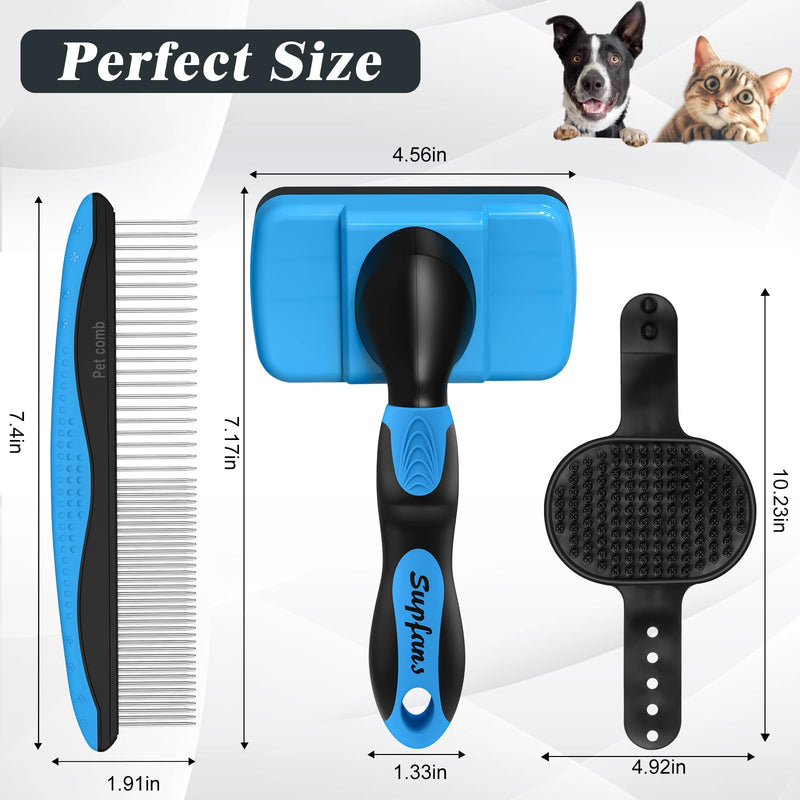 3PCS Dog Grooming Kit - Deshedding Dog Brush, Self Cleaning Slicker Brush, Bath Brush and Comb, Suitable for Hair Removal and Bathing of Dogs & Cats (Black Blue) - PawsPlanet Australia