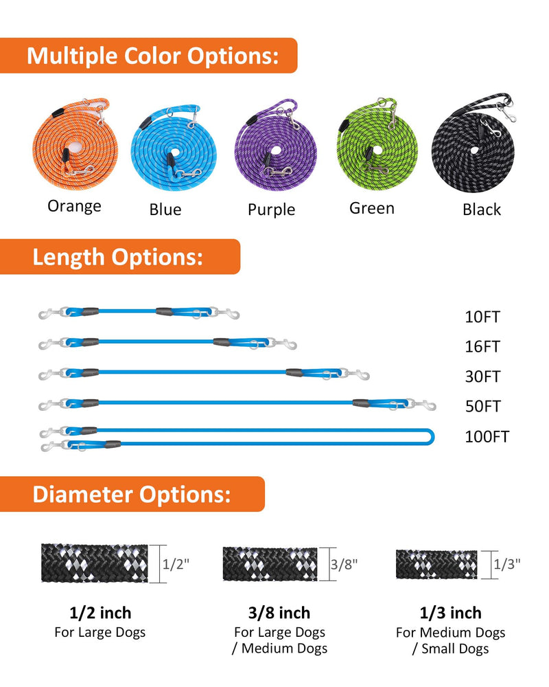 Long Dog Leash for Dog Training 10FT/16FT/30FT/50FT/100FT, Reflective Threads Check Cord Dog Leash, Heavy Duty Dog Lead for Large Medium Small Dogs Outside Walking, Playing, Camping, or Yard 30FT* 3/8 inch Orange - PawsPlanet Australia