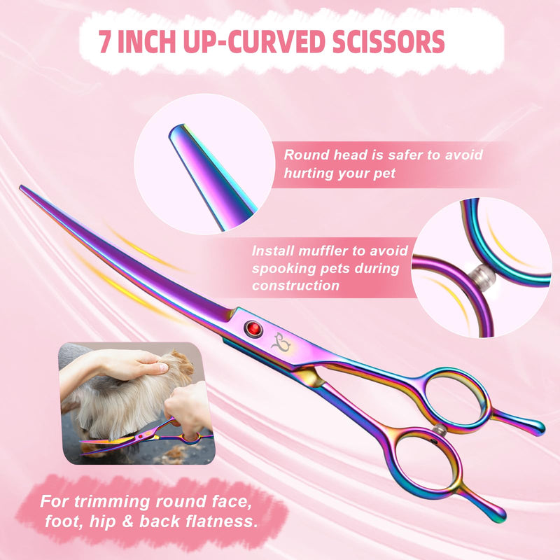 Dog Grooming Scissors,Rainbow Curved Scissors with Safety Round Tips,Sharp and Durable 6 in 1 Dog Scissors for Grooming - PawsPlanet Australia