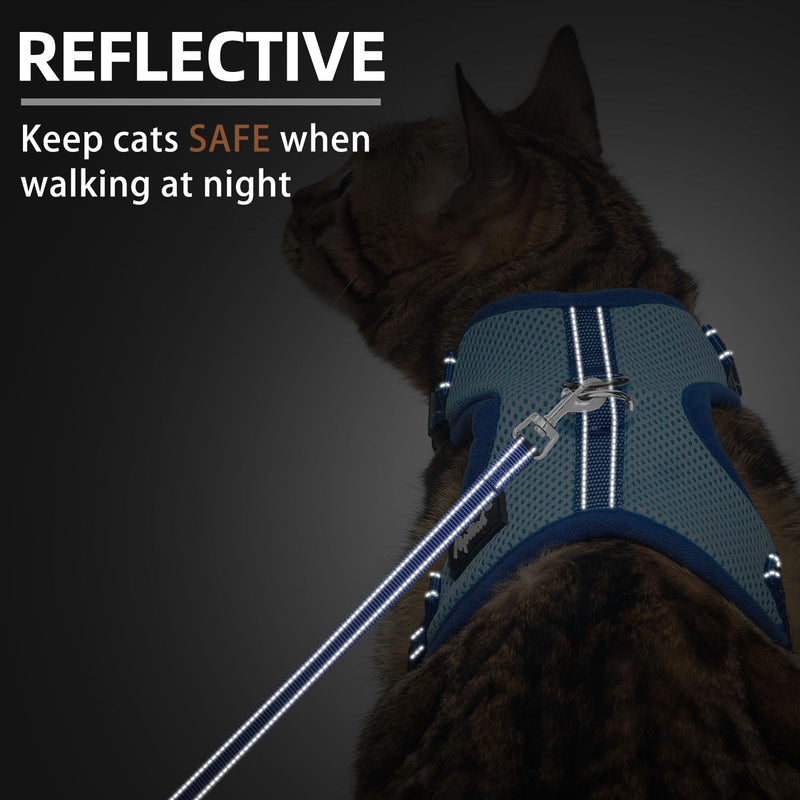 PUPTECK Cat Harness and Leash Set Escape Proof, Reflective Adjustable Soft Mesh Kitten Vest Harness for Walking Travel, Blue, M Medium