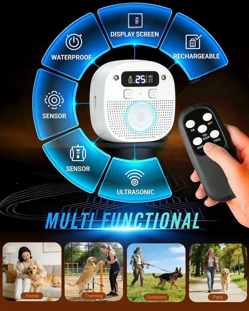 Dog Barking Control Devices, Anti Barking Device for Dogs with Remote Control, Ultrasonic & Sensor Technology, Rechargeable, Waterproof, Adjustable Modes & Frequencies, Bark Box Indoor Outdoor(White)