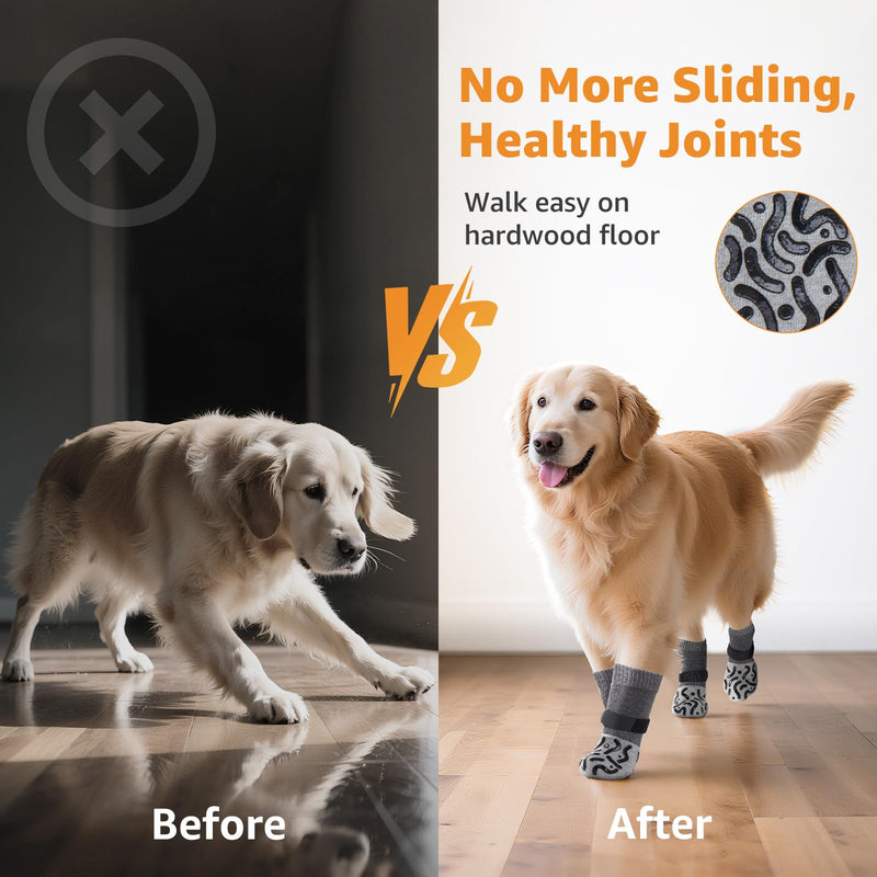 Double Sides Non-Slip Dog Socks to Prevent Licking Paws - Strong Traction for Hardwood Floors, Senior Dogs, Paw Protector, Dog Socks with Grippers - Size Large Grey Large(Pack of 4)