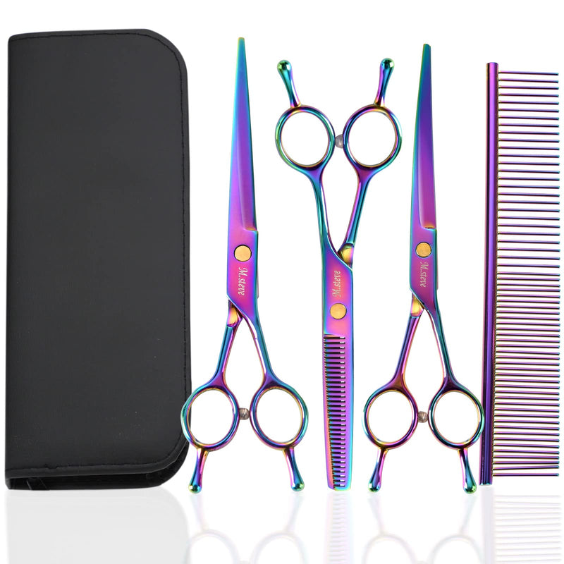 Dog Scissors for Grooming with Safety Blunt Tip, Dog Grooming Scissors Set for Pets, Professional 7 in 1 Grooming Scissors for Dogs and Cats - 6CR Coated Steel (Rainbow) Rainbow - PawsPlanet Australia